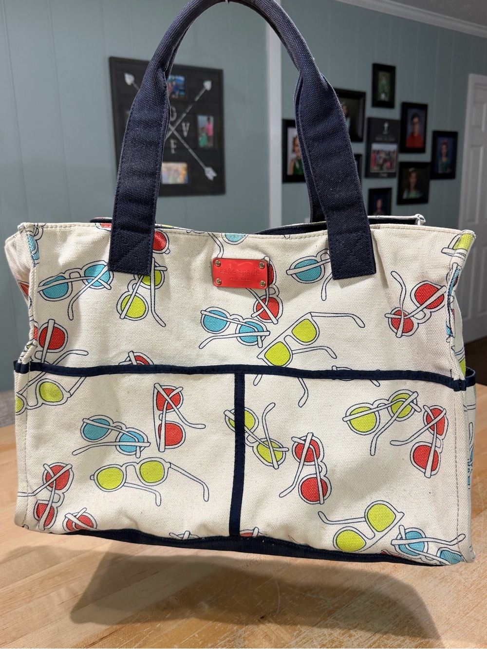 kate spade Canvas Sunglasses Print Tote - Navy Trim with Red, Blue, Lime Accents